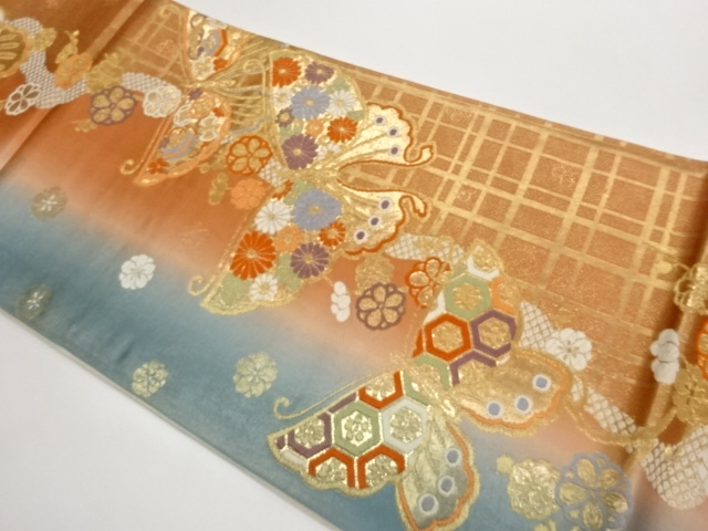 JAPANESE FUKURO OBI / WOVEN GRID & BUTTERFLY